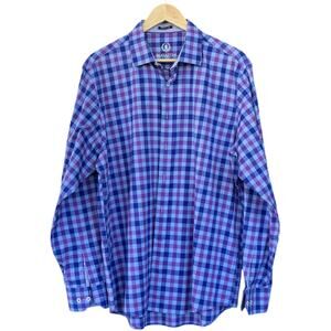 BUGATCHI UOMO Men's Large Long Sleeve Multicolored Blue Plaid Check Cotton Shirt